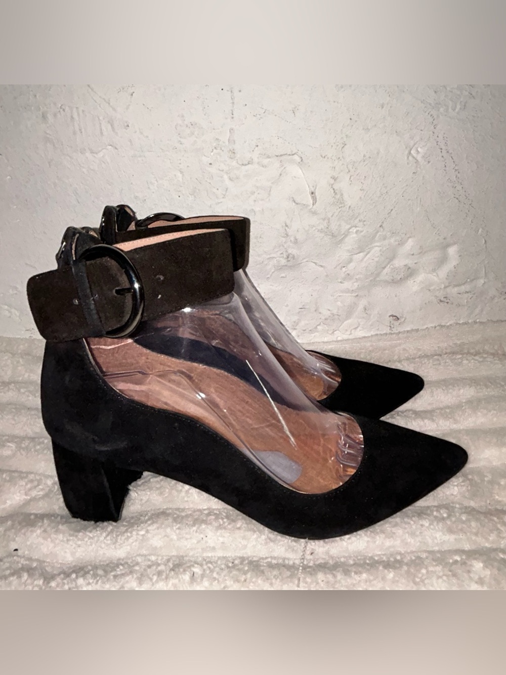 Paolo Black Suede Pointed Block Heel Pumps with Buckle Ankle Strap